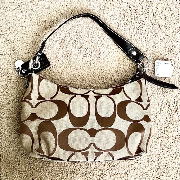 COACH Signature “C” Striped Demi Khaki/ Mahogany Shoulder bag. - Picture 3 of 10